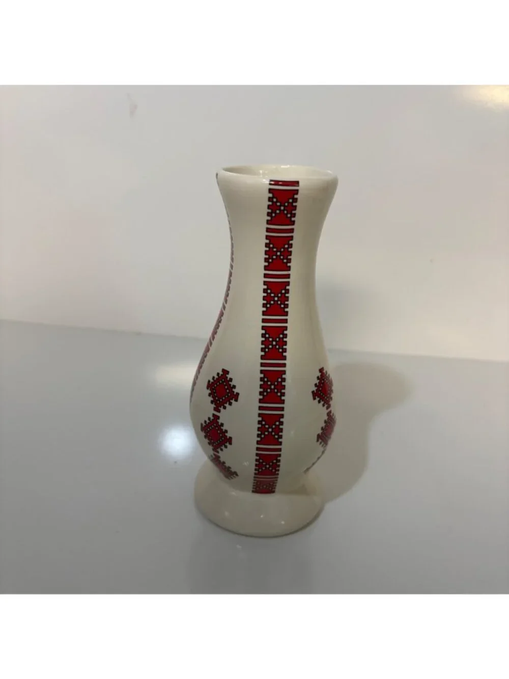 Ukrainian Ceramic Vase Red Embroidery Style Pattern 7 Inches Tall Made In Canada